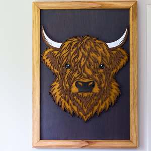 Highland Cow Layered Timber Wall Art – A3 Framed | NZ Made