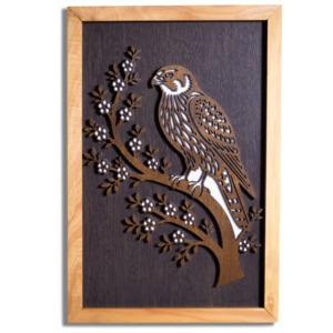 Wall Art: Falcon / Kārearea Layered Wall Art – A4, Macrocarpa Frame