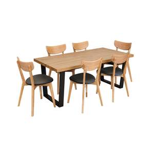 Calia Solid Oak Living Dining Furniture: Calia/Pisa 7pce Dining Set - Calia 1800 Table + 6x Pisa Black Chairs
