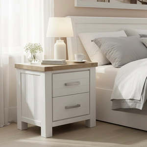 Lamp Side Tables: Sicily Solid Wood 2 Drawer Bedside Table - White