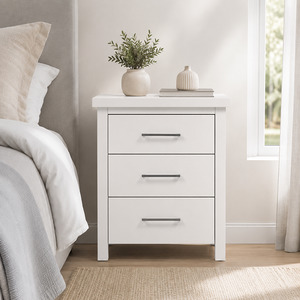 Lamp Side Tables: New Master Solid Wood 3 Drawer Bedside Table White 500mm