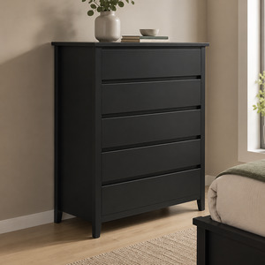 Paiden Solid Wood 5 Drawer Tallboy - Black