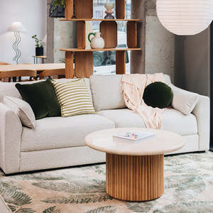 Bedroom: Rho Travertine Top Coffee Table 85cm Round Natural Oak Base