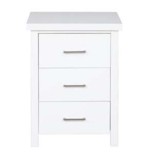 Bedroom White: New Maestro 3 Drawer Bedside White (Long Handle)