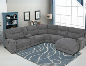 Suites: Plushy 6 Piece Corner Lounge Suite with Recliner Gun Metal Grey