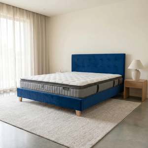 Bedroom Furniture: Prestige Bed Frame Velvet Navy Blue + Sleepmax Pocket Pillow Top Mattress