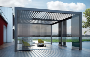 Pergolas: Louvered Pergola with Frameless Glass Sliding Doors
