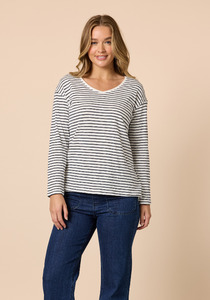 Products: Threadz City Stripe Tee Relaxed Fit V Neck Drop Shoulder Long Sleeve Stripe Tee