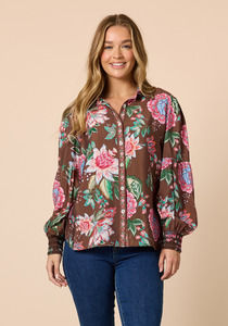 Products: Threadz Bouquet Floral Print Shirt Gathered Sleeve Button Up Shirt with Shirred Cuffs