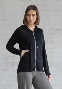 Products: Vassalli Shield Merino Jacket Black 100% Merino Zip Up Hoodie with V Panel & Scoop Back Hem