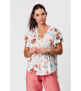 Products: V neck frill sleeve print top - Tops : Gaby's Warkworth - BLACKSTONE H23
