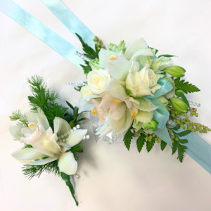 Wrist Corsage: Light Blue and White Corsage