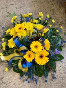 Funeral Flowers: Yellow and Blue Wreath