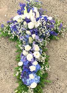 Funeral Flowers: White and Purple Cross