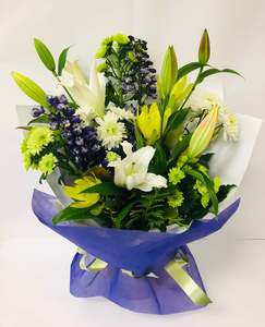 Graduation Flowers: White, Green & Purple Bouquet