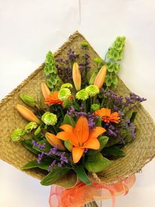Graduation Flowers: Bouquet in Woven Flax Wrap