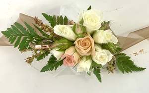 School Ball Hamilton Corsage: Peach and Cream Corsage with Brown Ribbon