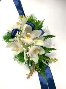 School Ball Hamilton Corsage: Mini Cream Orchids Corsage With Navy Ribbon