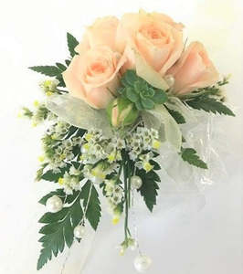 School Ball Hamilton Corsage: Wrist Corsage with Mini Peach Roses & Pearls