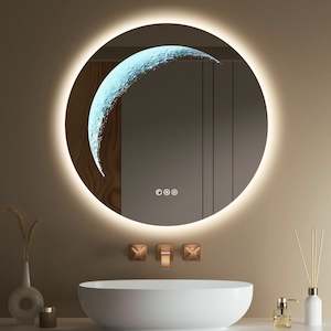 Moon Decorative and Lit Mirror with Demister, Color Selection and Dimmer