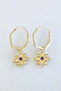 Earrings: Hex Hoop Earrings with Amethyst Star Pendant - Gold