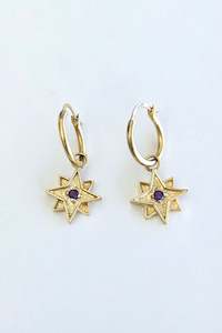 Earrings: Round Hoop with Aquamarine Star Pendant - Gold