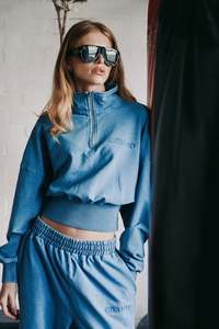 Best Selling: PREORDER Acid Wash 1/4 Zip Crop Jumper - Demin Blue