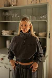 Tops 1: Acid Wash 1/4 Zip Crop Jumper - Charcoal
