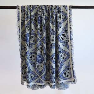 Blue Mandela Patterned Cotton Throw with Frayed Fringing