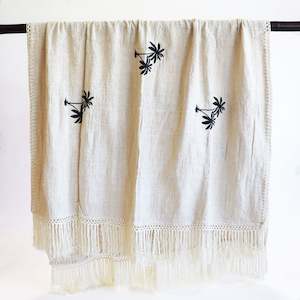 Natural Cotton Throw with Black Palm Trees and Cream Fringing