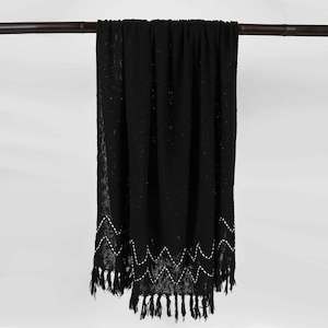Black Cotton Throw with Zig Zag Stitched Pattern and Black Fringing