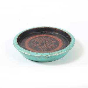 Bowls: Vintage Chinese Inscripted Blue, Black and Red Wooden Plates
