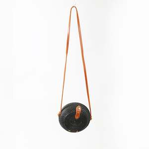Bags: Round Black Bali Bag With Tan Straps and Batik Lining