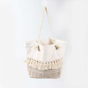 Cotton Canvas Market Bag With Rope Handles And Beaded Fringed Tassels