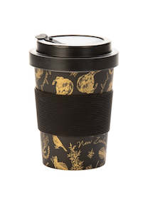 Reusable Cups: Coffee Cup Bamboo Black & Gold Birds