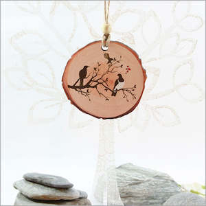 Wood Slice Hanging Ornament - Birds on Tree