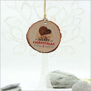 Christmas: Wood Slice Hanging Ornament - Kiwi with Xmas