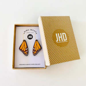 Kiwiana Earrings: Rimu Dangly Earrings Monarch Butterfly Wings Silver Hook