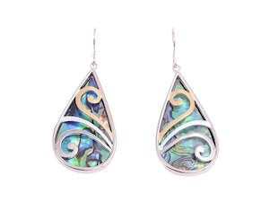 Boxed koru paua water-drop rhodium earrings