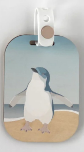Wood Luggage Tag - Blue Penguin