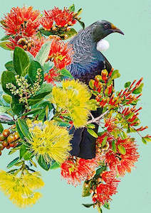 Christmas Cards: Christmas Card - Palm Prints - Tui On Pohutukawa