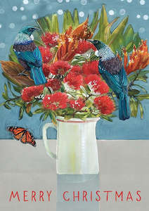 Christmas Cards: Christmas Card - Jane Galloway - Tui In The Pohutukawa Vase