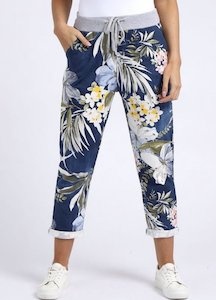 Size14 18: Anne + Kate Italian Tropical Floral Dark Denim Print Trousers 14-18
