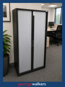 Cupboards 1: Tambour Cabinet - Europlan - Metal - 900w x 500d x 2000h mm - Black Metal - VL94