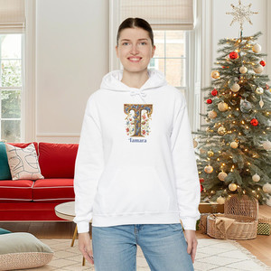 Products: Gildan 18500 White Hooded Sweatshirt Personalized Name Illuminated Floral Letr T Georgie & Lexy