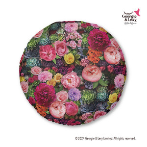 Products: Floral Round Floor Pillow with Bed of Flowers Roses, Peonies & Succulents Print Georgie & Lexy