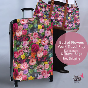 Products: Floral Suitcases Hardshell 3 Sizes with Bed of Flowers - Pink Peonies Pink Roses Georgie & Lexy