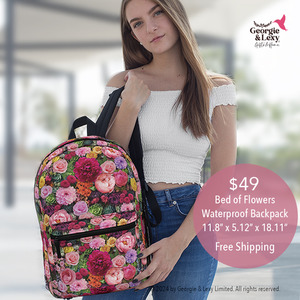 Products: Floral Waterproof Backpack with Bed of Flowers Pink Peonies Roses Georgie & Lexy