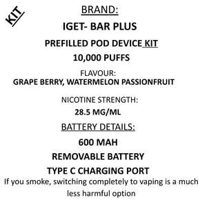 Prefilled Vape Pods: IGET Bar Plus 10K-  Vape Kit