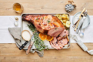 Whiskey, orange and cinnamon glazed Harringtons free farmed ham. Serves 3-4